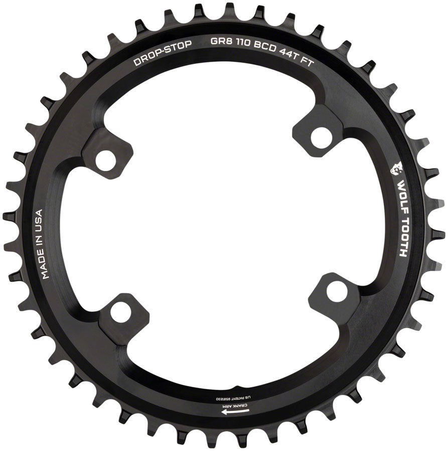 Wolf Tooth Shimano 110 Asymmetric BCD Chainring - 46t 110 Asymmetric BCD 4-Bolt Drop-Stop Flattop For Shimano GRX Cranks BLK